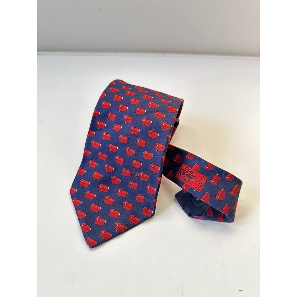 Gucci Silk Neck Tie Blue Red Sheep - Picture 2 of 6